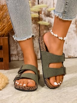 Women's Summer and Spring/Autumn Casual Simple Buckle Cork-Patterned Adjustable Pu Upper Flat Slip-On Double-Strap Sandals Beach Slippers for Home and Outdoor Use
