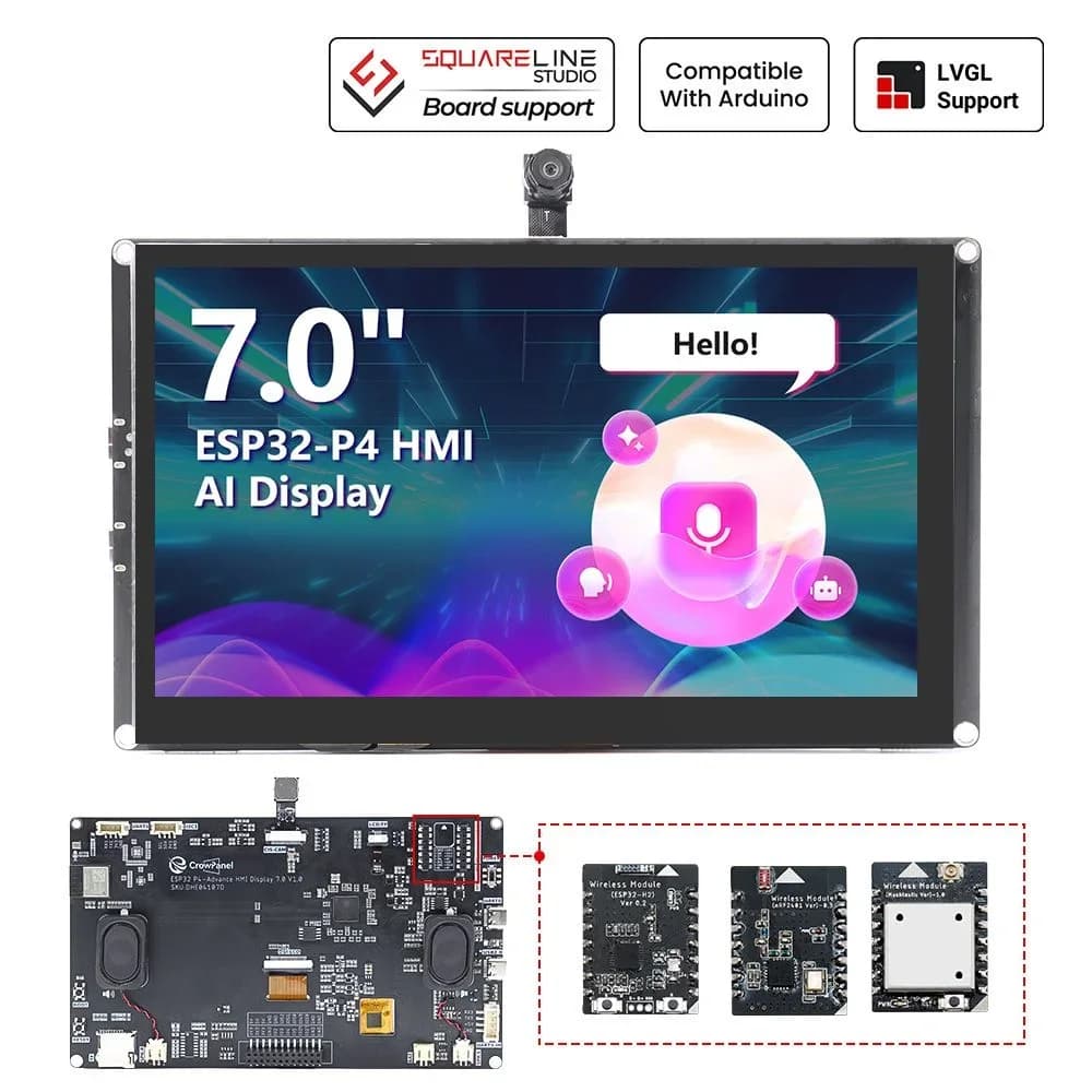 CrowPanel Advanced 7'' HMI AI Display 1024x600 IPS Touch Screen ESP32-P4 with Camera Optional Compatible with Arduino/LVGL