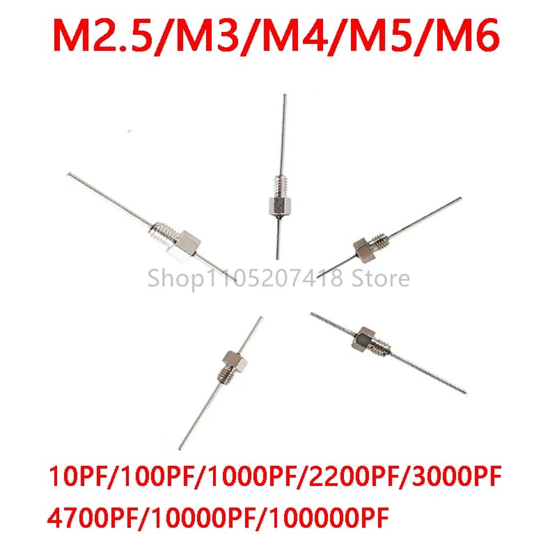 50PCS Feed-through Capacitor 1000pF 100V 102 1NF 10pf 100pf 2200pf 3300pf 4700pf Metric M2.5/M3/M4/M5 (2.5mm/3mm/4mm/5mm thread)