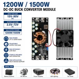 1200W/1500W Adjustable DC-DC Step-Down Power Supply Module, DC 15V–90V to DC 2.5V–72V Step-Down Power Supply Module