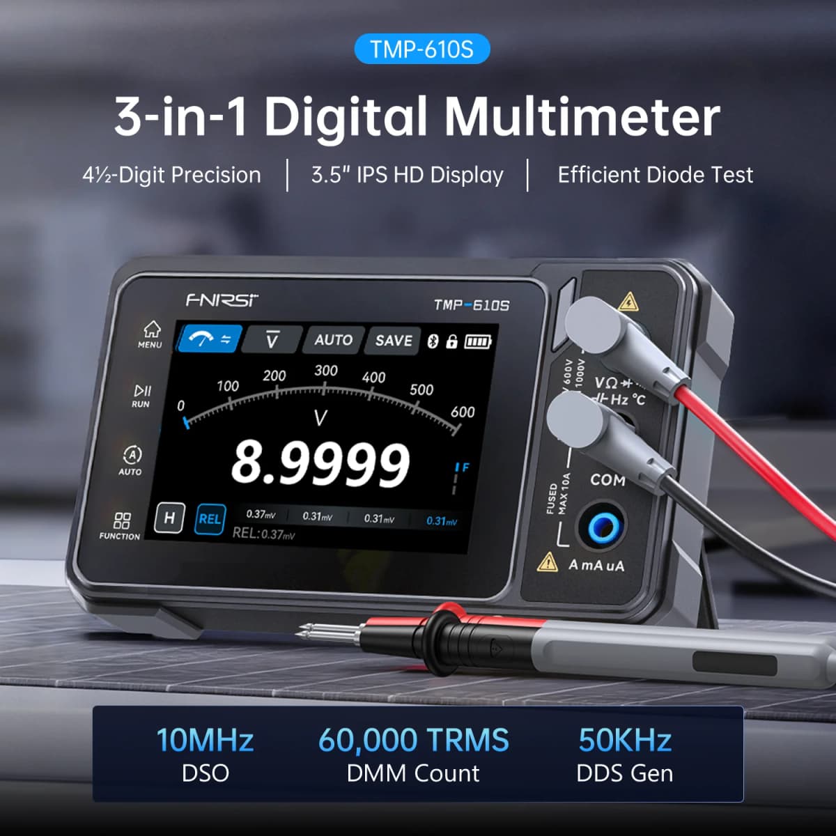 FNIRSI TMP-610S 3-in-1 Digital Multimeter 4.5 Digit 60000 TRMS Counts 10MHz Oscilloscope 50KHz DDS Signal Generator