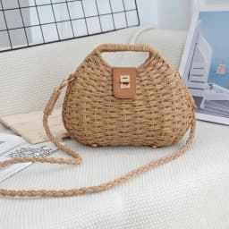 Elegant Straw Woven Shoulder Bag Solid Color Eco-Friendly Boho Crossbody Bag Metal Buckle All-match Wicker Rattan Handbag Beach