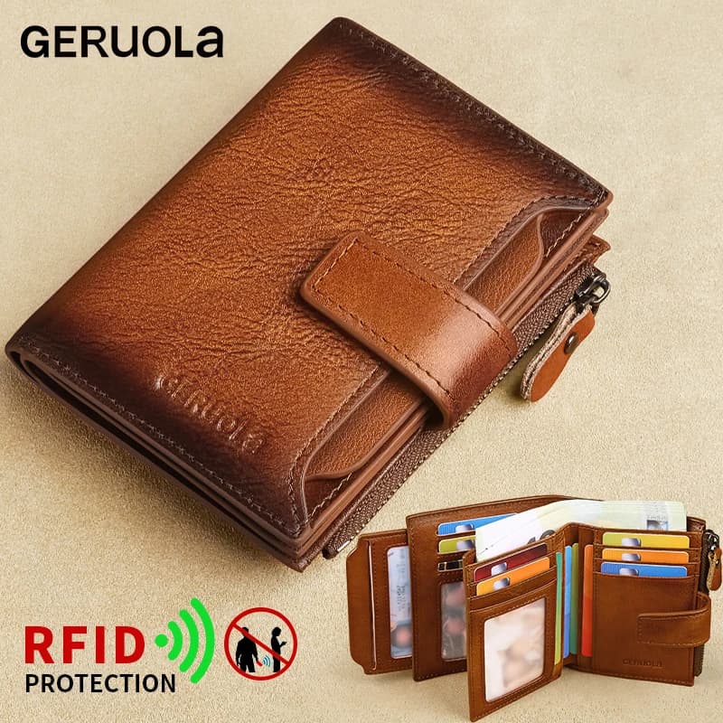 GERUOLA Men's Genuine Leather Wallet, Vintage RFID Blocking Anti-Theft Folding Wallet, ID Window, Coin Pocket, and Zipper Closur