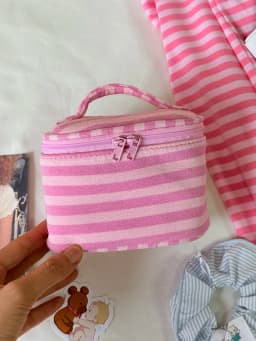 Mirror Pink Striped Makeup Bag Women Fashion Portable Zipper Cosmetic Travel Organizer Girls Cute Sweet Handbag Toiletry Pouch