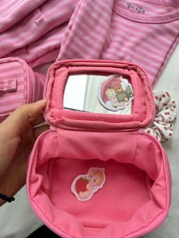 Mirror Pink Striped Makeup Bag Women Fashion Portable Zipper Cosmetic Travel Organizer Girls Cute Sweet Handbag Toiletry Pouch