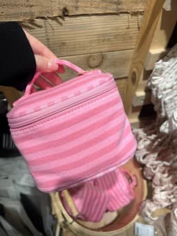 Mirror Pink Striped Makeup Bag Women Fashion Portable Zipper Cosmetic Travel Organizer Girls Cute Sweet Handbag Toiletry Pouch