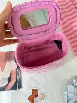 Mirror Pink Striped Makeup Bag Women Fashion Portable Zipper Cosmetic Travel Organizer Girls Cute Sweet Handbag Toiletry Pouch
