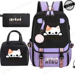 Teenager School Backpack for Students Daily Bagpack Backpacks for Girl Black Cat Cartoon School Bag with Pen Lunch Bags 3pcs/set