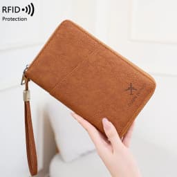 Multi-Functional RFID Blocking Passport Bag Travel Document Holder with Long Zipper Ticket Storage Wallet for Multiple Passports