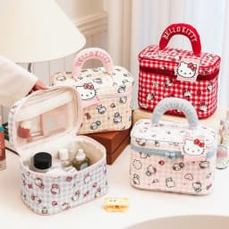 Large-capacity portable storage bag, cute plaid Sanrio Kitty makeup bag, durable canvas makeup storage bag
