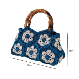 Handmade Crochet Granny Square Tote Bag with Bamboo-Style Handle, Vintage Woven Flower Pattern Shoulder Purse for Women