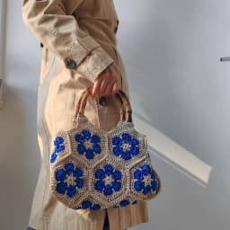 Handmade Crochet Granny Square Tote Bag with Bamboo-Style Handle, Vintage Woven Flower Pattern Shoulder Purse for Women