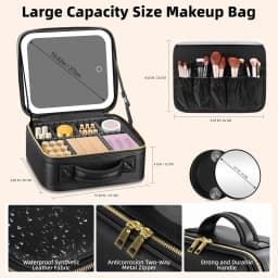 Travel Makeup Bag with Mirror of LED Lighted Portable Train Case with Adjustable Dividers and Detachable 10x Magnifying Mirror