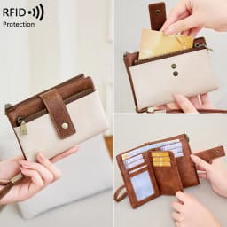 Vintage RFID Blocking Wallet for Women with Double Zipper Multiple Card Slots Coin Pocket Portable Three-Fold Short Wallet