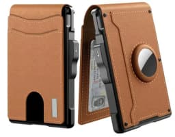 Men's Pop-Up Aluminum-Framed Carbon Fiber PU RFID Blocking Bifold Wallet with AirTag Slot Credit Card Holder Fold Design