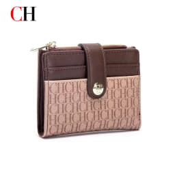 CH Mini Card Holder Women Embossed Full Letter Wallet Snap Closure Multi Card Slot Zipper Coin Bag Portable Female Small Purse