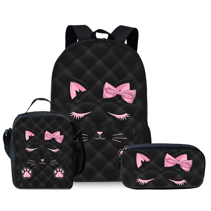 Pink Cat Three Piece Set Backpacks For Boy And Girls Best Gifts 2D Flat Cartoon School Bag For Children