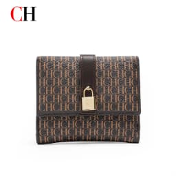 CH Women Short Wallet Vintage Printed Coin Purse Small Leather Wallet Card Holder Foldable Clutch Purse with Lock Buckle