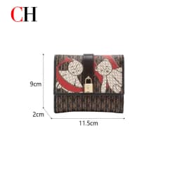 CH Women Short Wallet Vintage Printed Coin Purse Small Leather Wallet Card Holder Foldable Clutch Purse with Lock Buckle