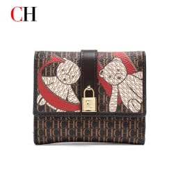 CH Women Short Wallet Vintage Printed Coin Purse Small Leather Wallet Card Holder Foldable Clutch Purse with Lock Buckle