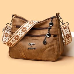 Women Vintage Grey Canvas Shoulder Bag Multi Pocket Crossbody Messenger Bag with Patterned Strap Casual Hobo Handbag for Daily