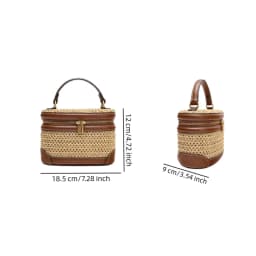 2026 Spring/Summer Woven Straw Bag for Women, Raffia Beach Vacation Handbag, Vintage Straw Box-Shaped Cosmetic Bag, Brown Faux Leather Trimmed Bag, Embellished with Stitching Details, Metal Double Zipper Closure, Suita