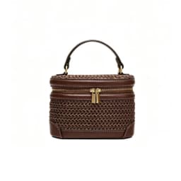 2026 Spring/Summer Woven Straw Bag for Women, Raffia Beach Vacation Handbag, Vintage Straw Box-Shaped Cosmetic Bag, Brown Faux Leather Trimmed Bag, Embellished with Stitching Details, Metal Double Zipper Closure, Suita