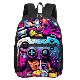 GamePad Pattern Square Front Pocket Backpack for Boy and Girls Best Gifts 2D Flat Cartoon SchoolBags for Children