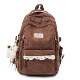 Women's Gray Corduroy Backpack Star Pattern Lace Plush Bear Charm Multi Pocket Adjustable Strap Casual Daily School Bag 2026