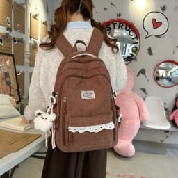Women's Gray Corduroy Backpack Star Pattern Lace Plush Bear Charm Multi Pocket Adjustable Strap Casual Daily School Bag 2026