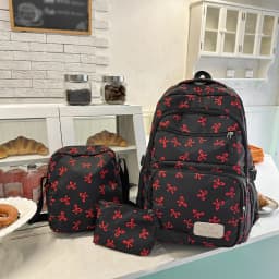 Korean Fashion Bow Print Women Fashion Backpack Lightweight Simple Student Schoolbag Female Bag Three-Piece Set