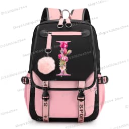 Teenage Black Pink Backpacks 26 Initials Flower A-Z Alphabet Large Capacity Harajuku Fashion Zipper Aesthetic Students Bookbag