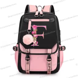 Teenage Black Pink Backpacks 26 Initials Flower A-Z Alphabet Large Capacity Harajuku Fashion Zipper Aesthetic Students Bookbag