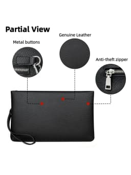 Men Pebbled Genuine Leather Wrist Clutch Handbag, Large Capacity Anti-Theft Zipper Hand Purse with 6 Card Slots