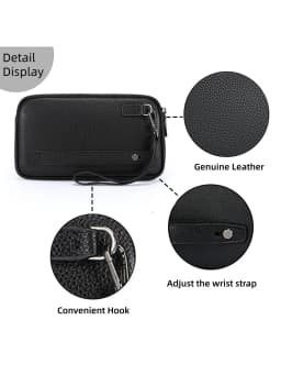 Men Genuine Leather Wrist Clutch Wallet, Double Zipper Large Capacity Hand Purse with 6 Card Slots, Portable Business Hand Pouch