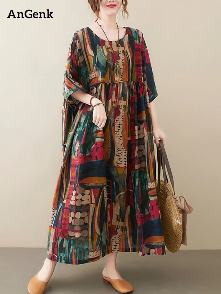 Short Sleeve Cotton Linen Vintage Print Summer Long Dresses For Women 2026 Casual Loose Holiday Ladies Dress Elegant Clothes