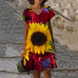 New Rose FloralGreen Leaves Plant Flowers 3D Print Women Dress 2023 Oversized Summer Vintage Short Sleeve V-Neck A-Line Dresses