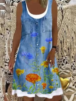 Women Summer Dress Large Size Sleeveless Print Loose Lady Casual Round Neck Thin Blended Polyester Clothing