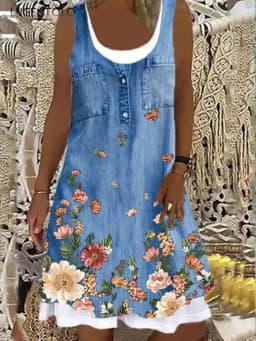 Women Summer Dress Large Size Sleeveless Print Loose Lady Casual Round Neck Thin Blended Polyester Clothing