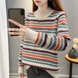 Half high collar women's sweater Autumn winter 2025 new loose pullover sweaters warm thicken stripe vintage ethnic style knitwea