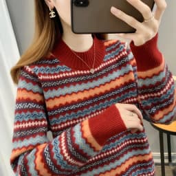 Half high collar women's sweater Autumn winter 2025 new loose pullover sweaters warm thicken stripe vintage ethnic style knitwea
