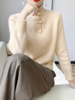 Women 100% Merino Wool Chinese Style Buckle Sweater Half-high Collar Knitted Basic Pullover Autumn Winter Thickening Soft Top