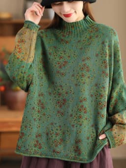 Amax LuluE 2024 Winter Fashion Turtleneck Sweaters Womens Classic Loose Floral Jumpers Females Vintage Leisure Printed Pullovers