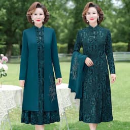 Spring Mom Windbreaker Dress Two Piece Set With Middle aged and Elderly Women's Autumn Dress, High end Long sleeved Dress Sets