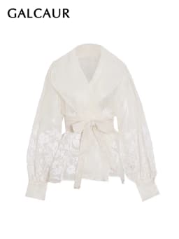 GALCAUR Minimalist Patchwork Lace Up Shirts For Women V Neck Lantern Sleeve Autumn Elegant Printing Colorblock Blouses Female