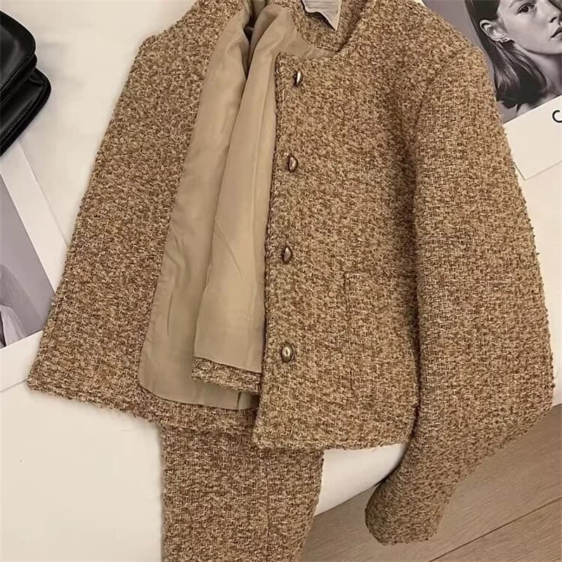 Plaid Woolen Jacket Pearl Buckle Short Coat Female Autumn And Winter Heavy Industry Houndstooth Striped Stitching Blazer Ladies