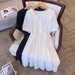 170Kg Plus Size Women's Bust Summer Lace Sequins Sweet Style Dress Half Sleeve Turn-down Collar Dress White 7XL 8XL 9XL 10XL