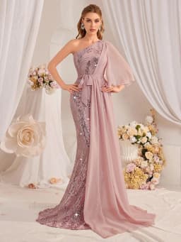 TOLEEN 2024 New Luxury Elegant Sequin Long Maxi Gown Dresses Women's One Shoulder Sparkle Patchwork Formal Party Evening Dress