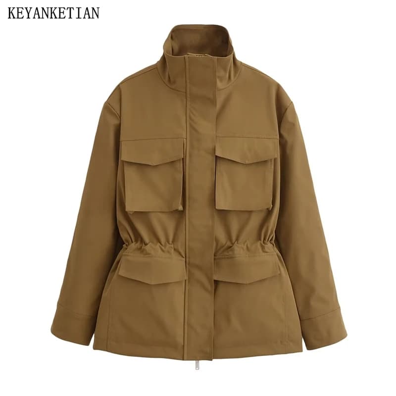 KEYANKETIAN 2024 Autumn/Winter New Women's Short Trench Coat Safari Style Pockets Decoration Zipper High Neck Blazer Outerwear