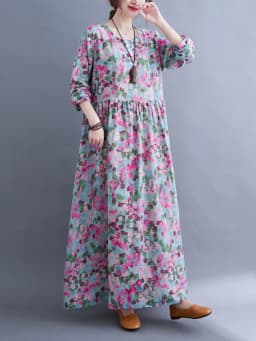 Long Sleeve O-Neck Floral Vintage Spring Autumn Blue Dresses For Women 2026 Casual Loose Elegant Office Lady Dress Femme Clothes